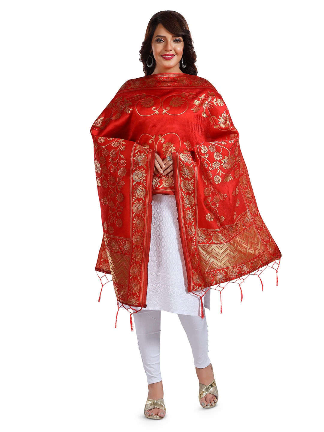 

keshubaba Ethnic Motifs Woven Design Zari Art Silk Dupatta, Red