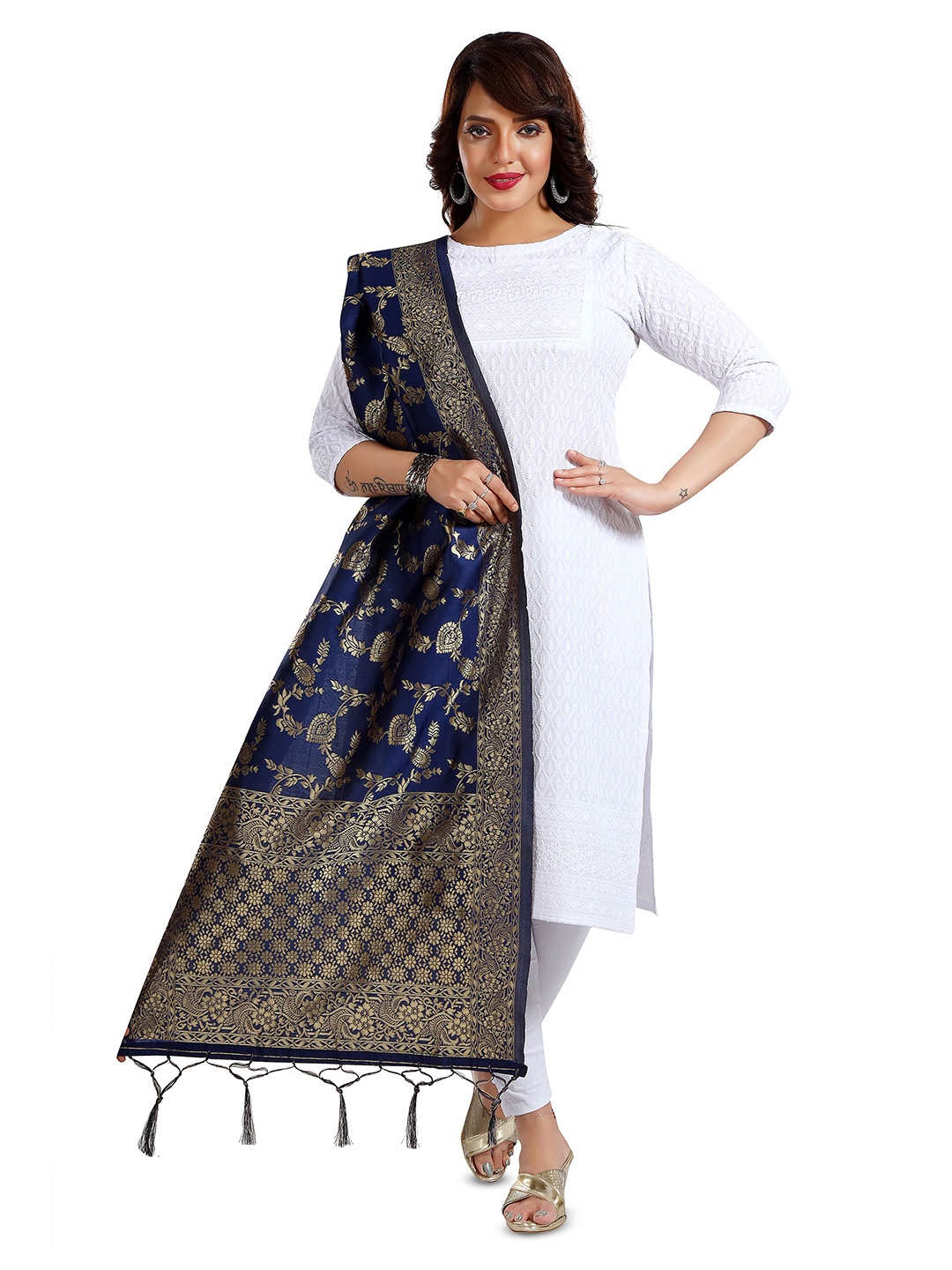 

keshubaba Ethnic Motifs Woven Design Jacquard Zari Dupatta, Blue