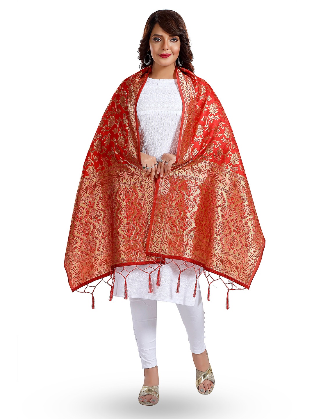 

keshubaba Ethnic Motifs Woven Design Zari Jacquard Dupatta, Red