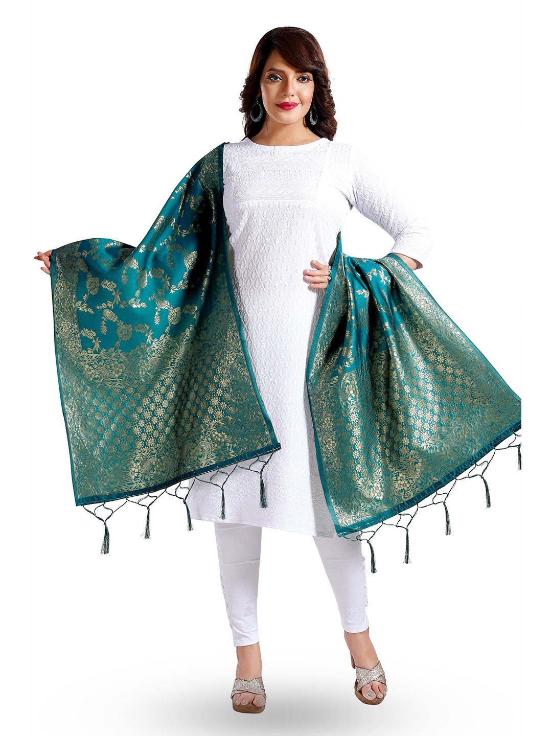 

keshubaba Ethnic Motifs Woven Design Zari Art Silk Dupatta, Green