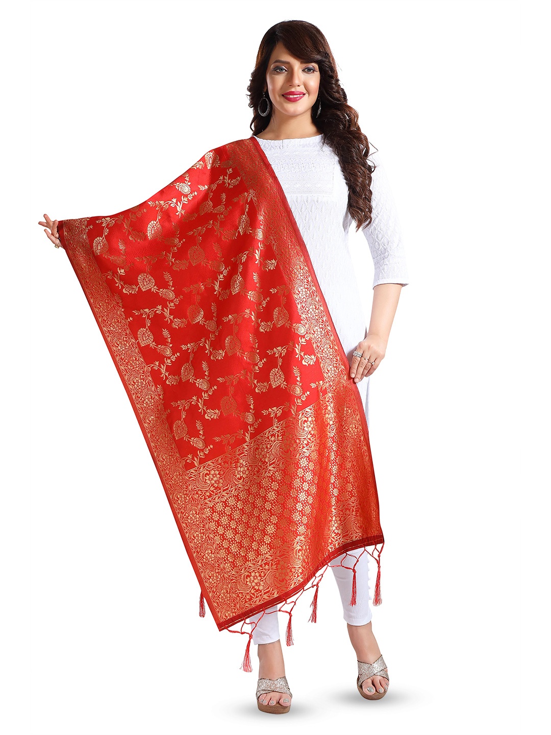 

keshubaba Ethnic Motifs Woven Design Zari Art Silk Dupatta, Red