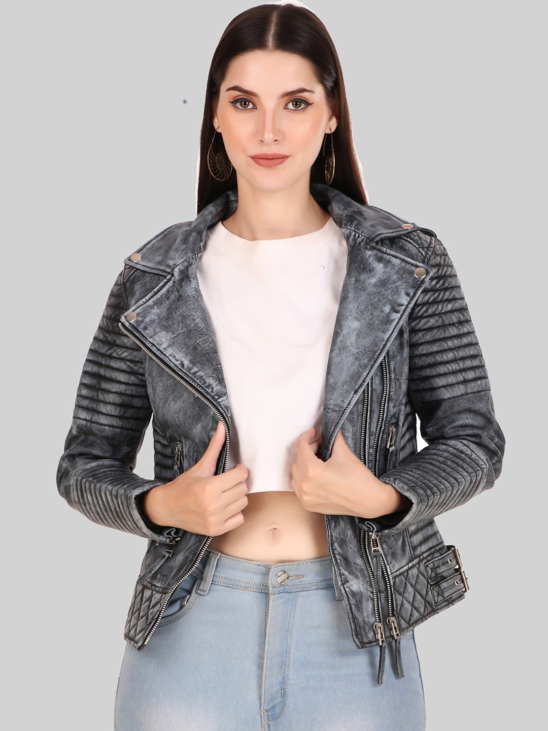 

Leather Retail Lightweight Lapel Collar Leather Biker Jacket, Silver