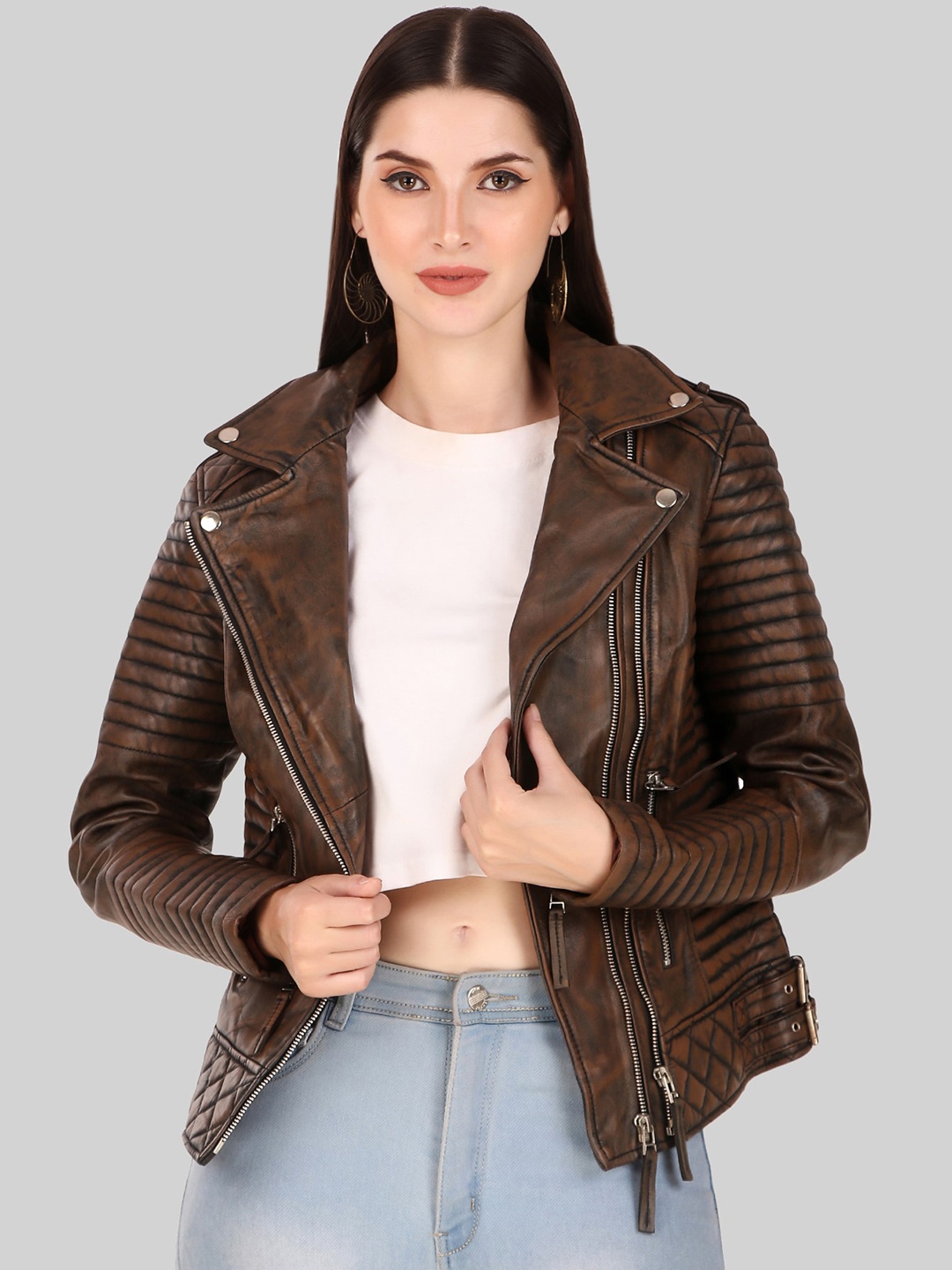 

Leather Retail Lightweight Spread Collar Leather Biker Jacket, Coffee brown