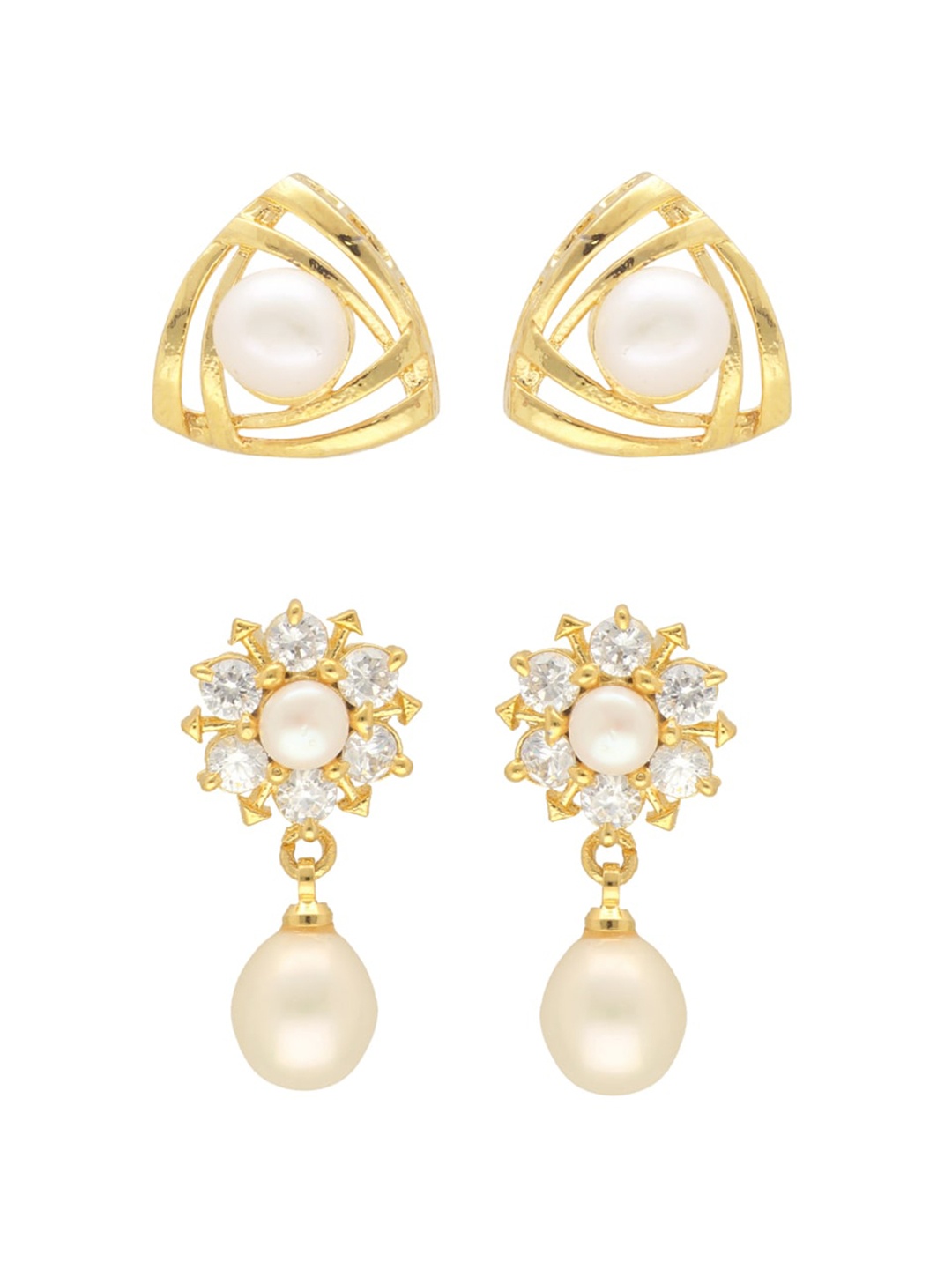 

Sri Jagdamba Pearls Dealer Set Of 2 Gold-Plated Beaded Geometric Studs And Drop Earrings