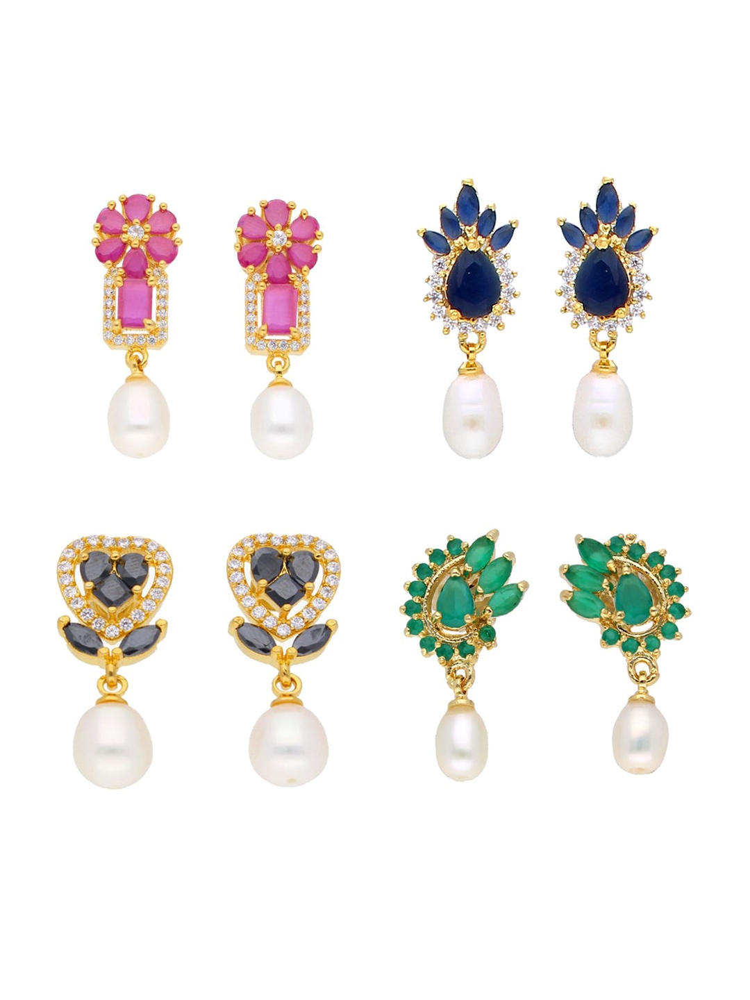 

Sri Jagdamba Pearls Dealer Set Of 4 Gold Plated Geometric Drop Earrings, Pink