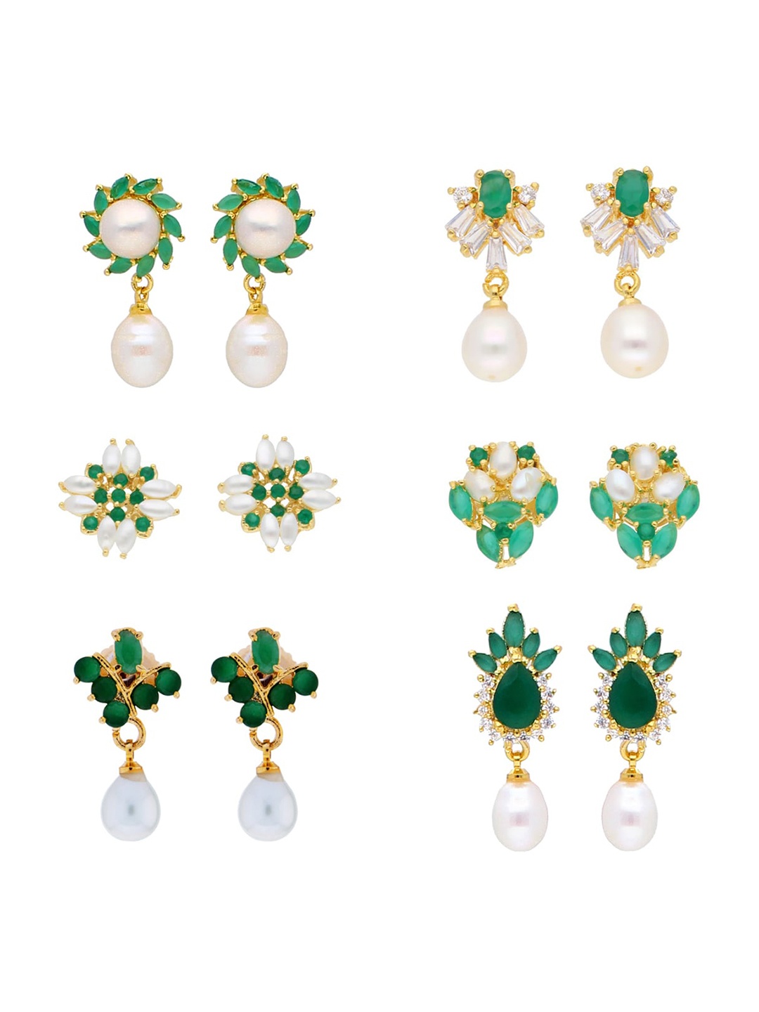 

Sri Jagdamba Pearls Dealer Set Of 6 Gold Plated Geometric Drop Earrings, Green