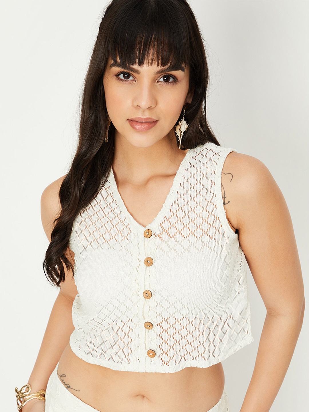 

max Self Design V-Neck Sleeveless Pure Cotton Crop Top, Off white