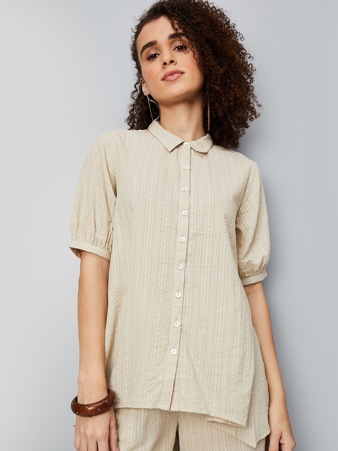 

max Striped Puff Sleeves Cotton Shirt Style Top, Beige