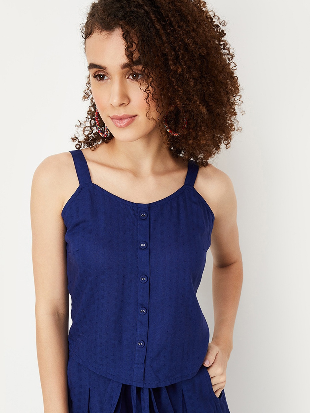 

max Smocked Shoulder Straps Regular Crop Top, Navy blue