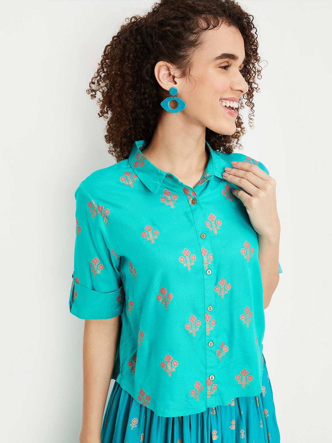 

max Ethnic Motif Printed Roll-Up Sleeves Shirt Style Top, Blue