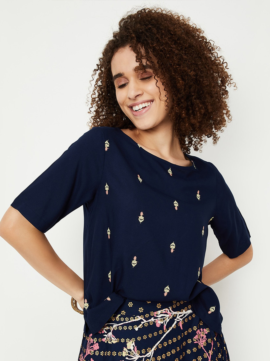 

max Ethnic Motif Printed A-Line Top, Blue