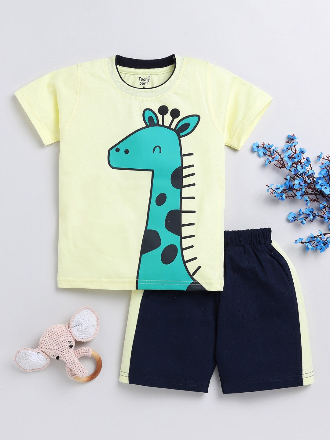 Toonyport Boys Printed Pure Cotton T-shirt with Shorts, Yellow