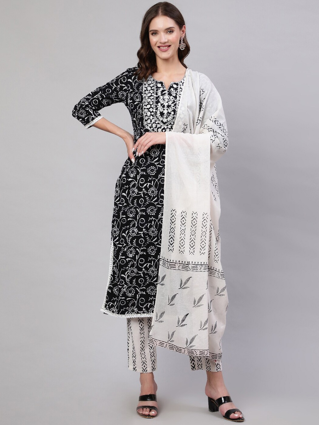 

Mizaz Floral Printed Thread Work Pure Cotton Kurta With Trousers & Dupatta, Black