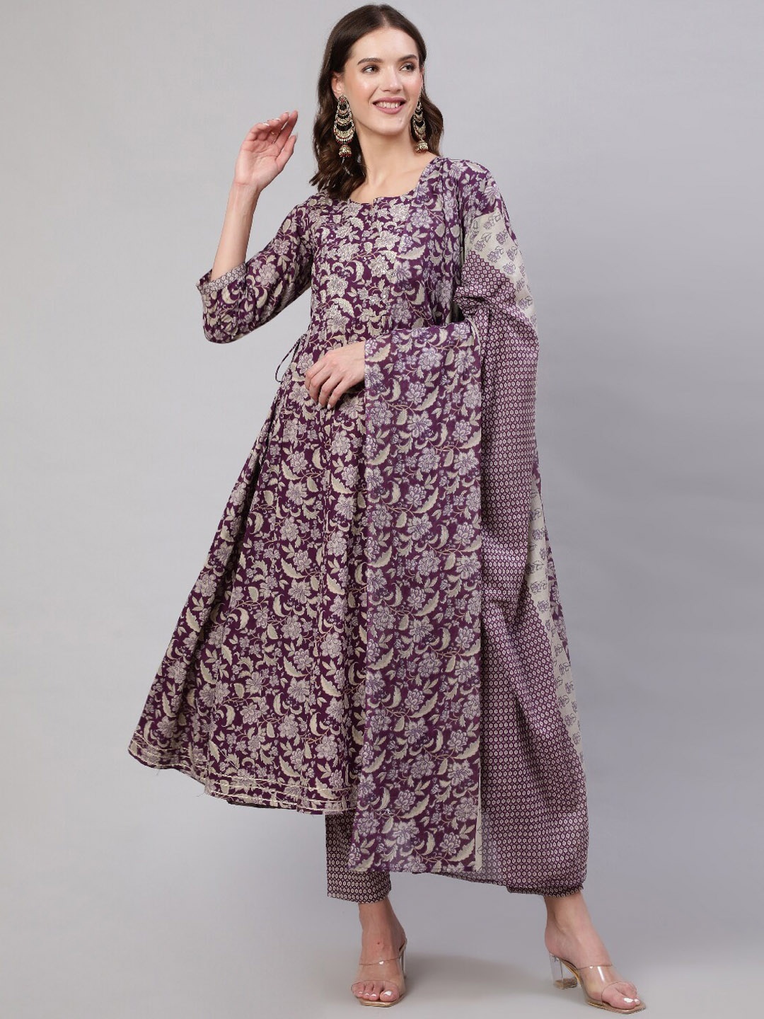 

Mizaz Floral Printed Pure Cotton Anarkali Kurta With Trousers & Dupatta, Purple