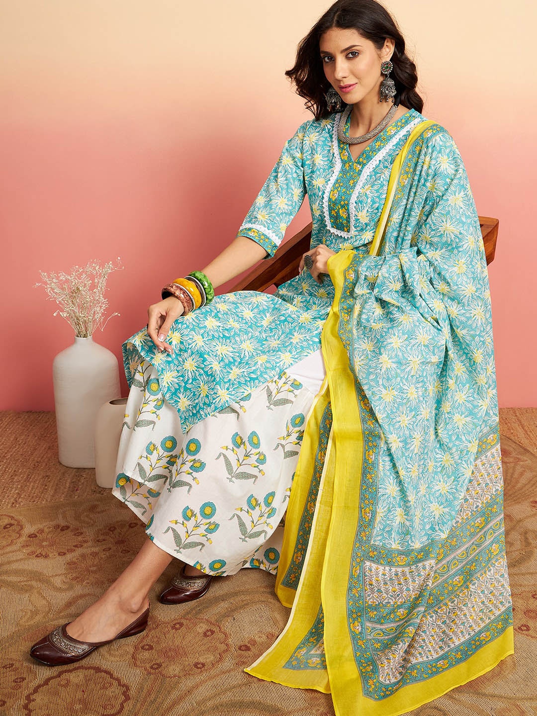 

Sangria Blue Printed Pure Cotton Straight Kurta With Palazzo & Dupatta Set