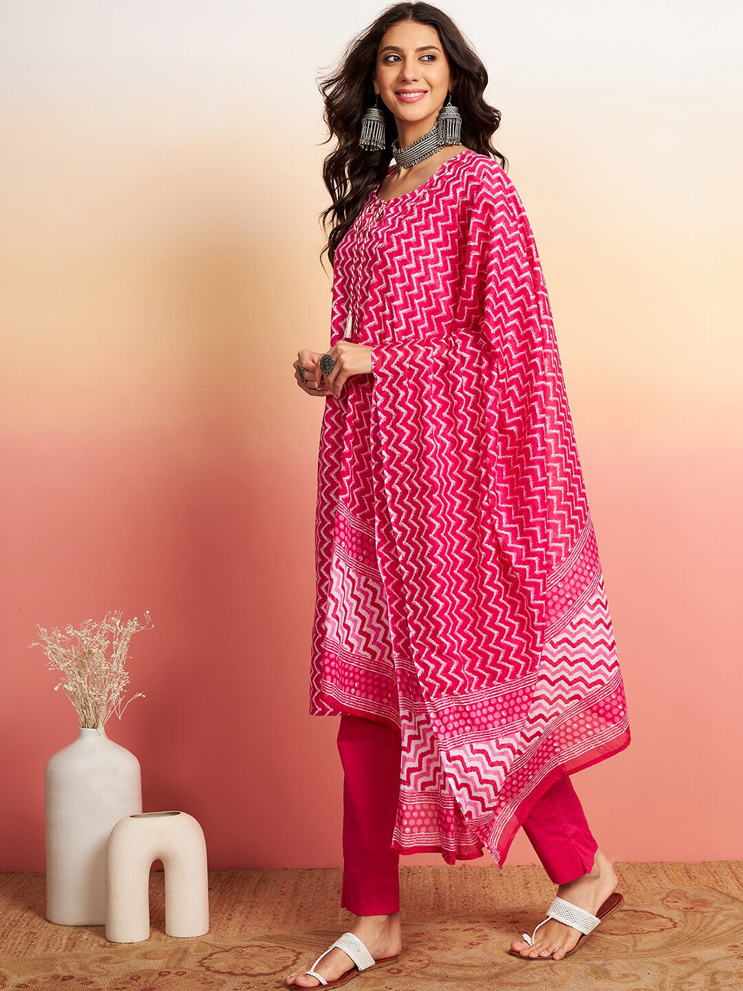 

Sangria Pink Printed & Sequinned Embellished Straight Kurta With Trouser & Dupatta Set