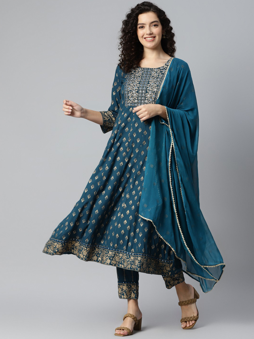 

Sangria Teal Blue Printed & Embroidered Anarkali Kurta With Trouser & Dupatta Set