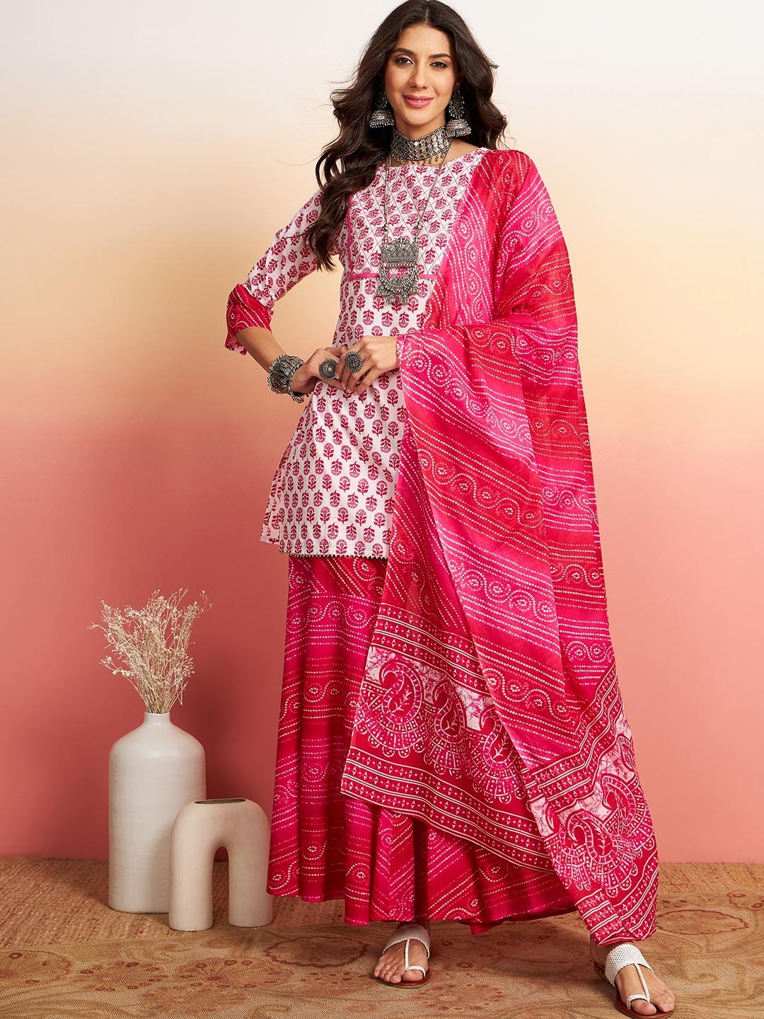 

Sangria Floral Printed Pure Cotton Kurti With Sharara & Dupatta, White