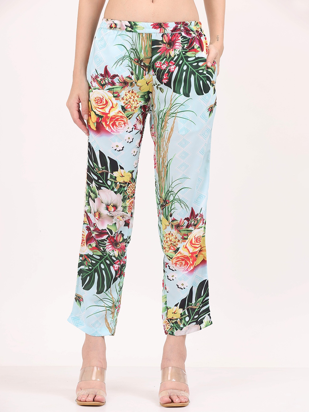 

TSM Women Floral Printed Comfort Trousers, Blue
