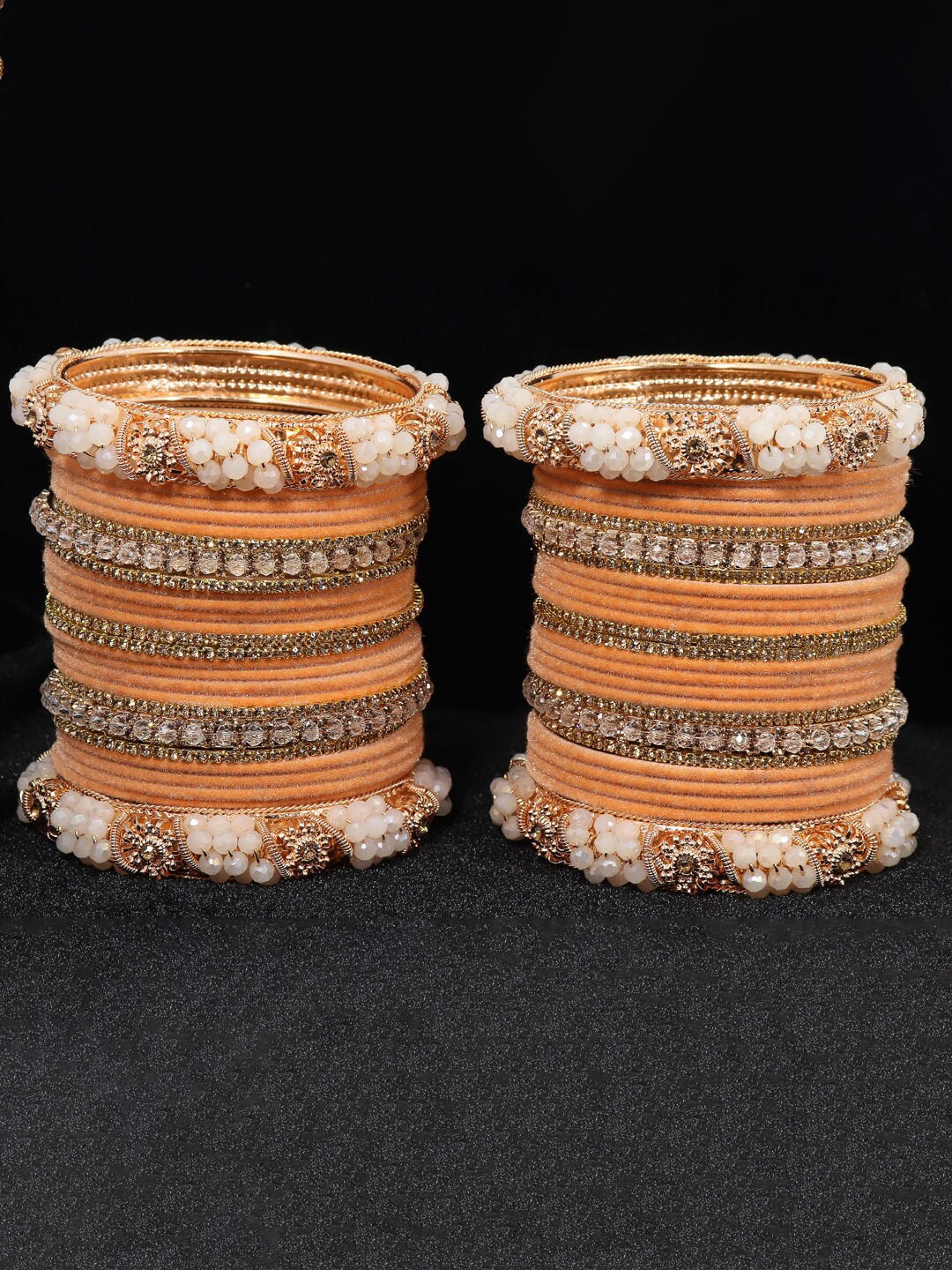 

NMII Set Of 52 Zircon Gemstone Studded & Pearls Velvet Bangles, Peach