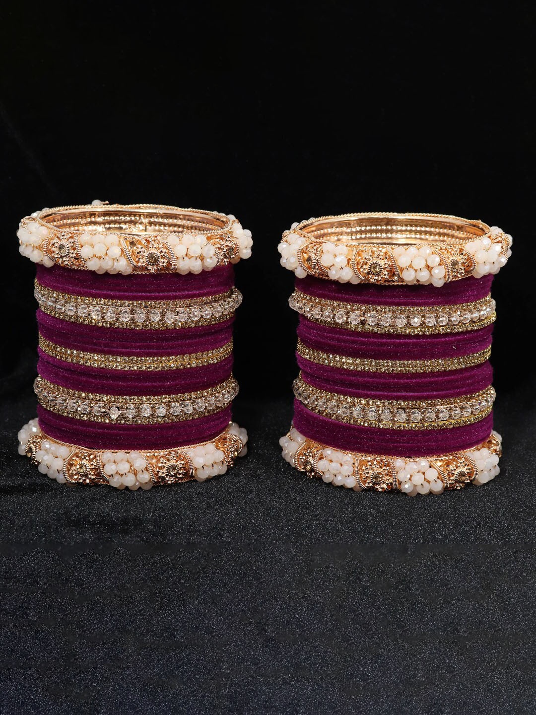 

NMII Set Of 52 Zircon Gemstone Studded & Pearls Velvet Bangles, Purple
