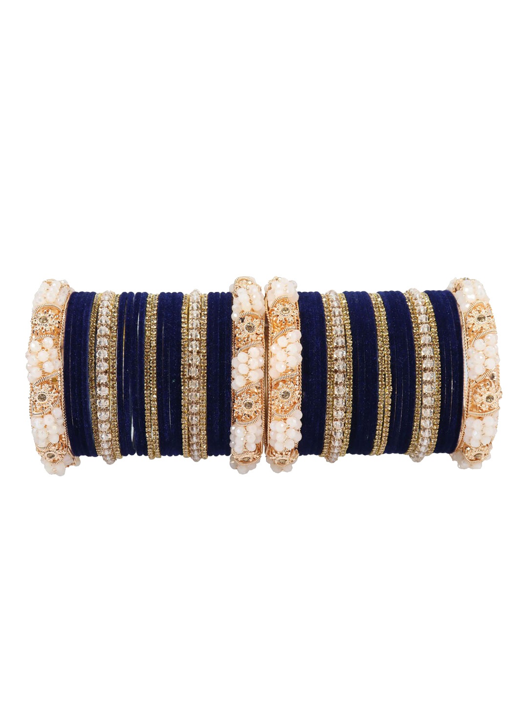 

NMII Set Of 52 Zircon Gemstone Studded & Pearls Velvet Bangles, Blue