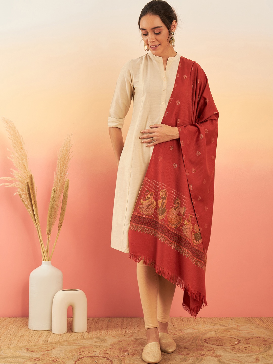 

Sangria Woven Design Winter Pashmina Shawl, Rust