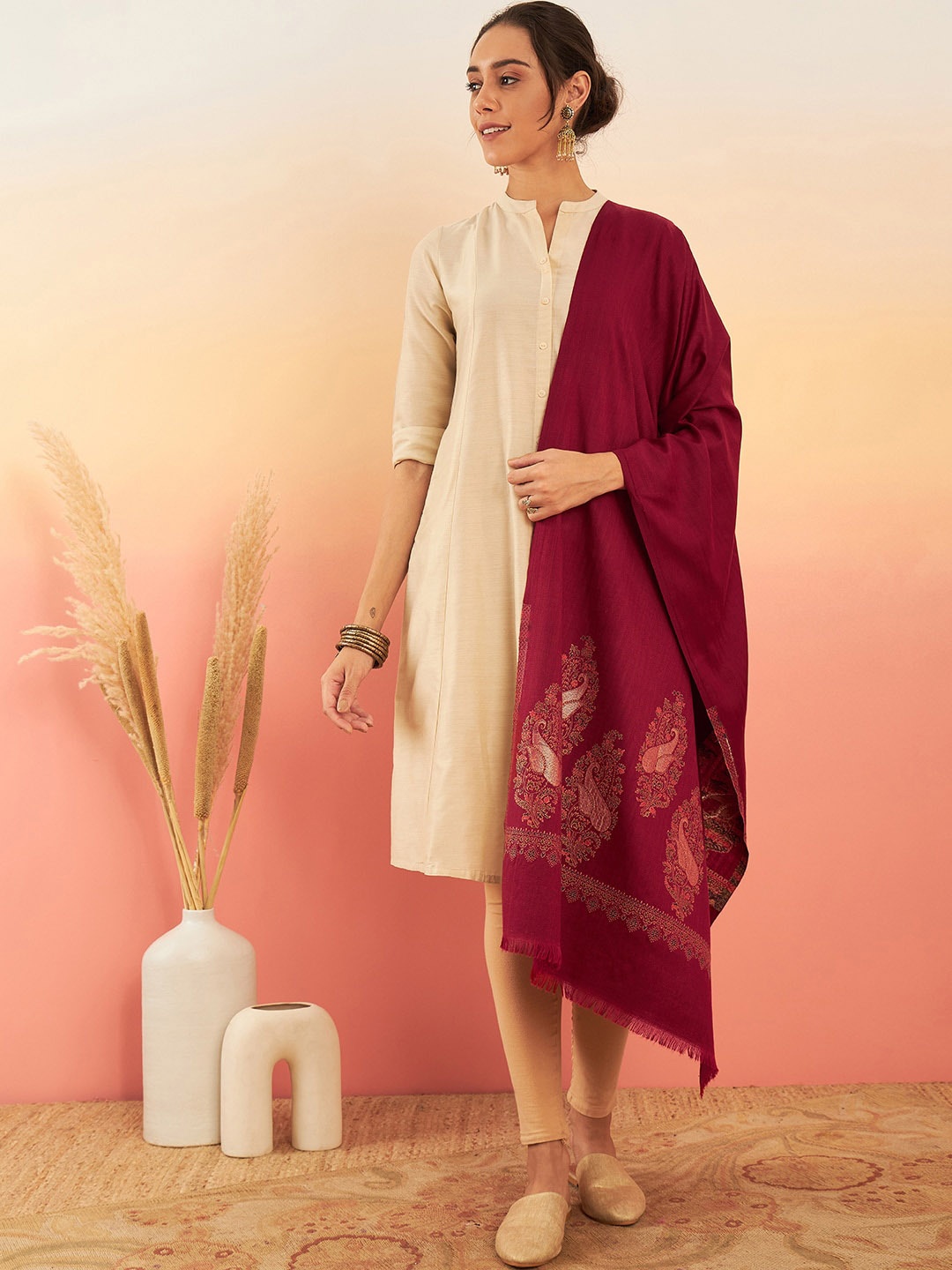 

Sangria Ethnic Motifs Woven Design Winter Pashmina Woollen Shawl, Maroon