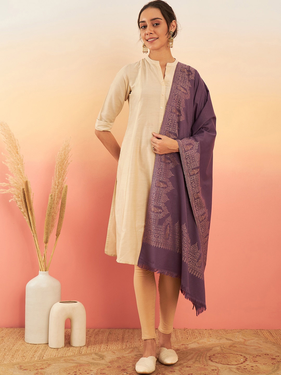 

Sangria Ethnic Motifs Woven Design Winter Pashmina Woollen Shawl, Purple