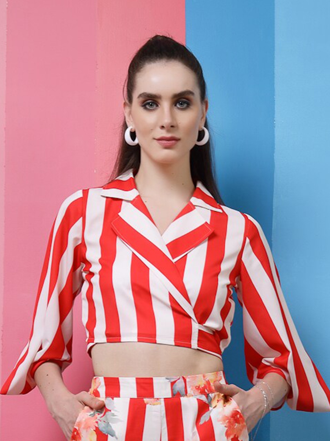 

Athena Striped Wrap Crop Top, Red