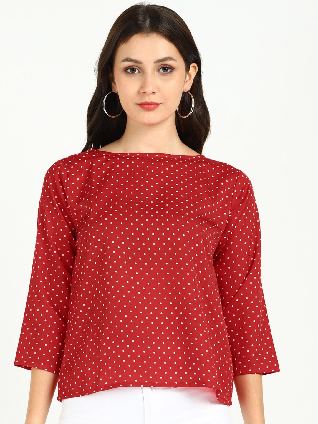 

VAHSON Polka Dot Printed Boat Neck Top, Red