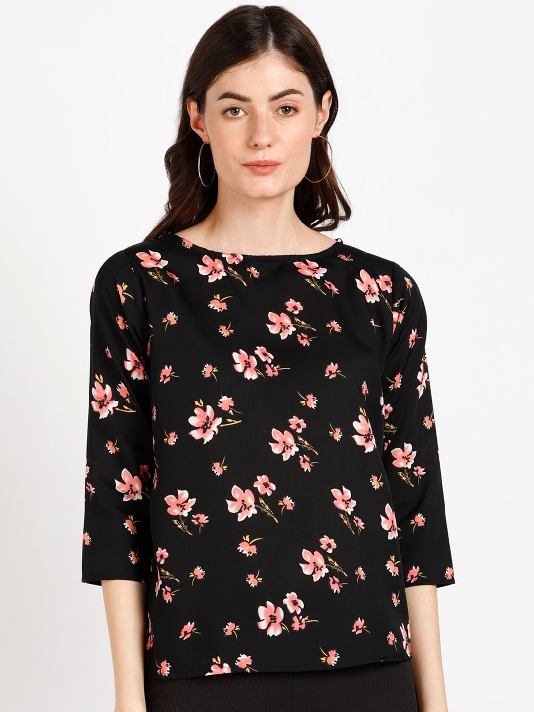 

VAHSON Floral Printed Round Neck Top, Black