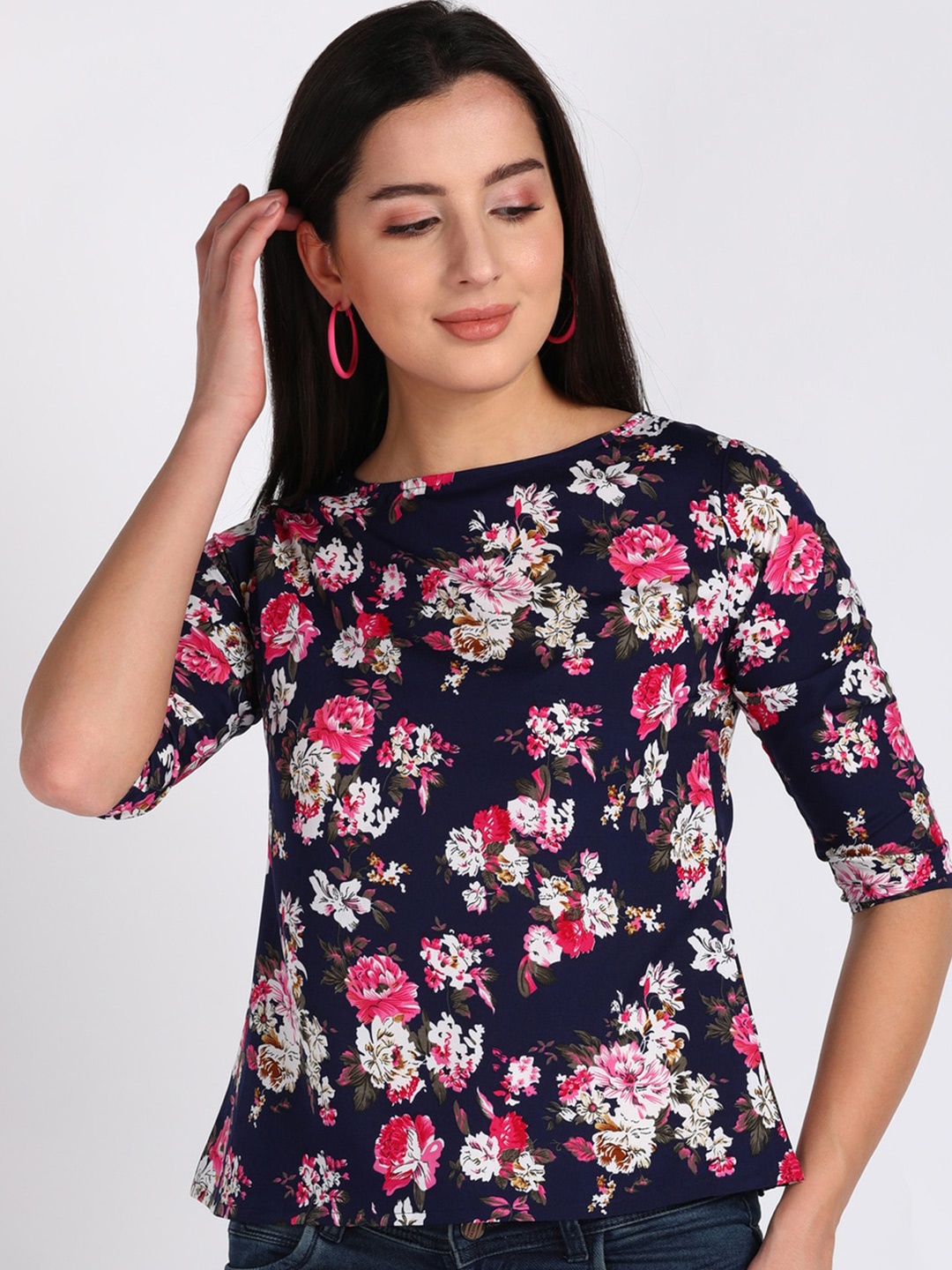 

VAHSON Floral Printed Boat Neck Top, Blue