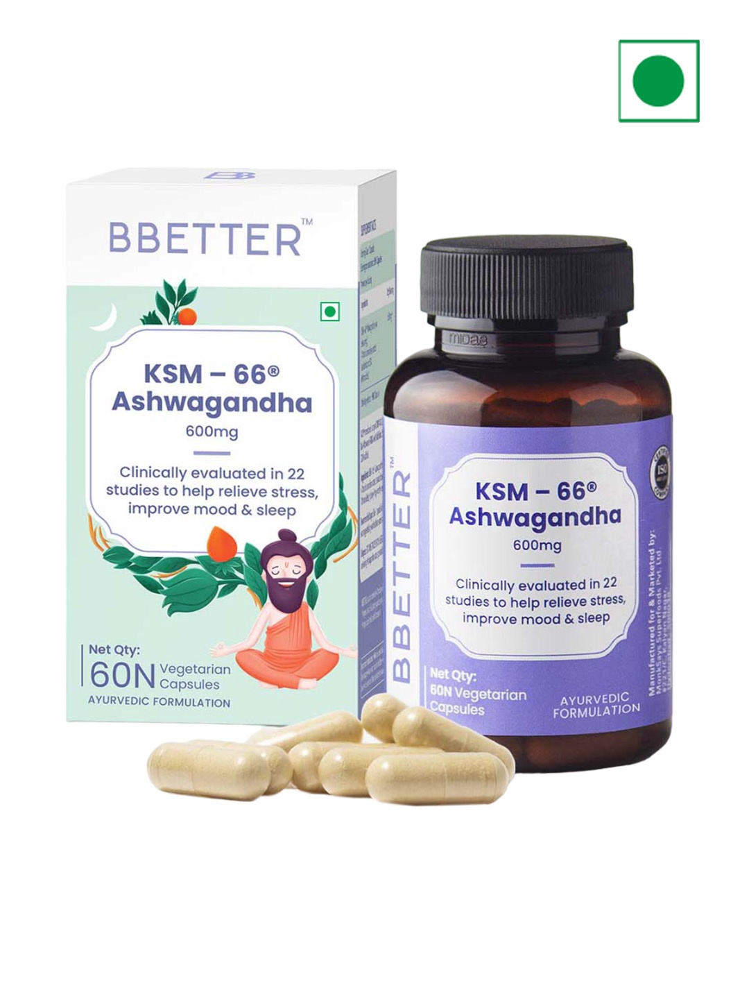 

BBETTER KSM-66 Ashwagandha - Relieves Stress & Improves Mood & Sleep - 60 Capsules, Blue