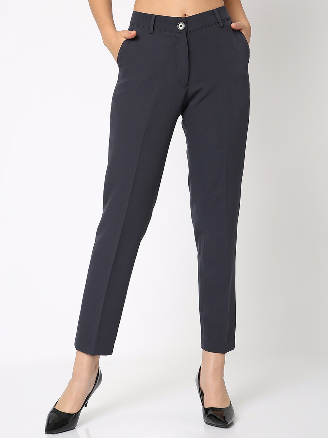 

NOT SO PINK Women Comfort Mid-Rise Cigarette Trousers, Grey