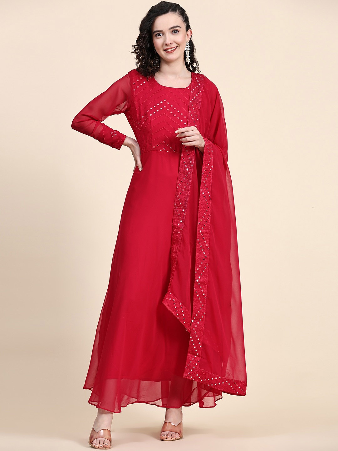 

BLACK SCISSOR Ethnic Motifs Embroidered Fit & Flare Ethnic Dress With Dupatta, Pink