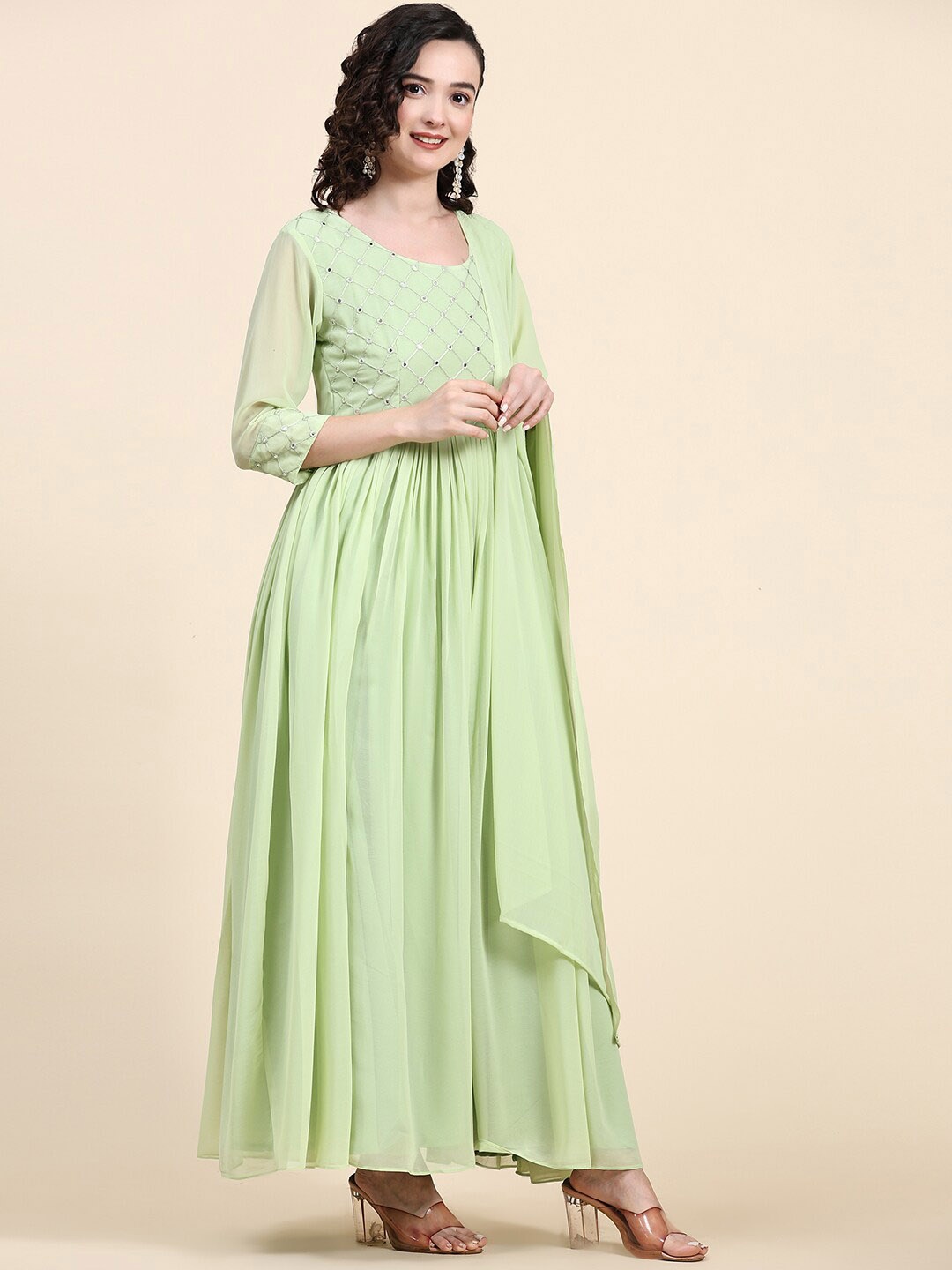 

BLACK SCISSOR Mirror Work Embellished Georgette Maxi Ethnic Dress With Dupatta, Green