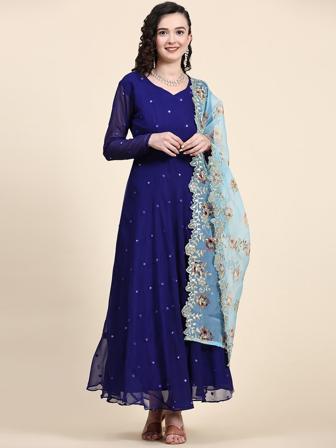

BLACK SCISSOR Embellished Georgette Maxi Ethnic Dress With Dupatta, Blue
