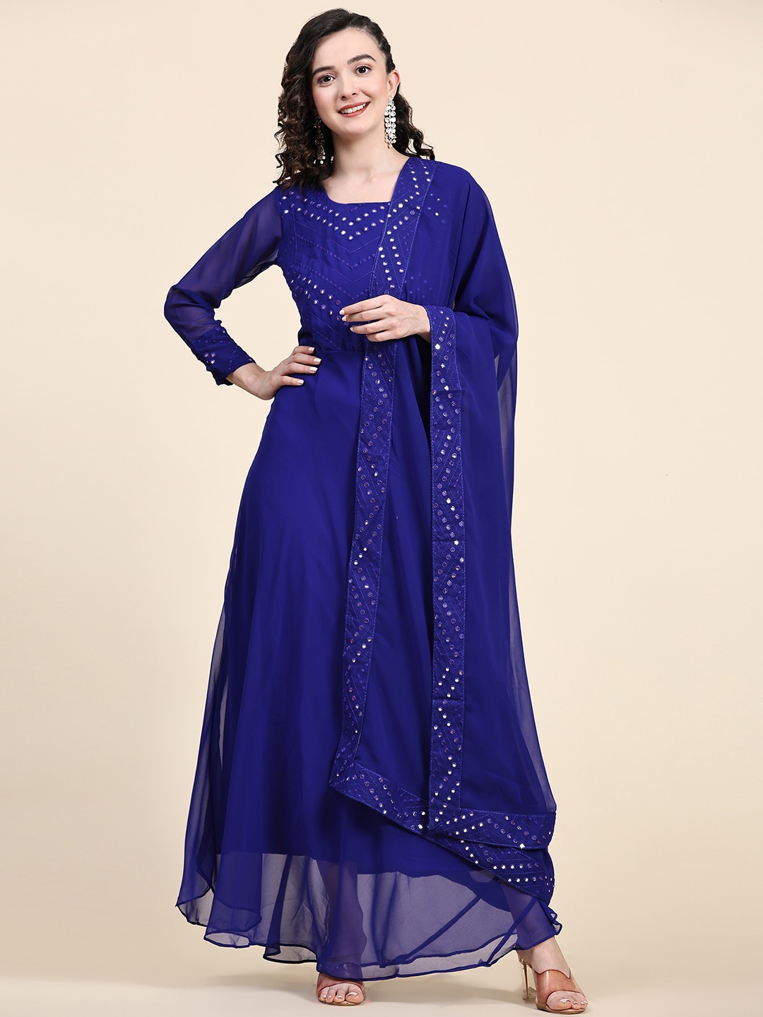 

BLACK SCISSOR Embellished Georgette Maxi Ethnic Dress With Dupatta, Blue