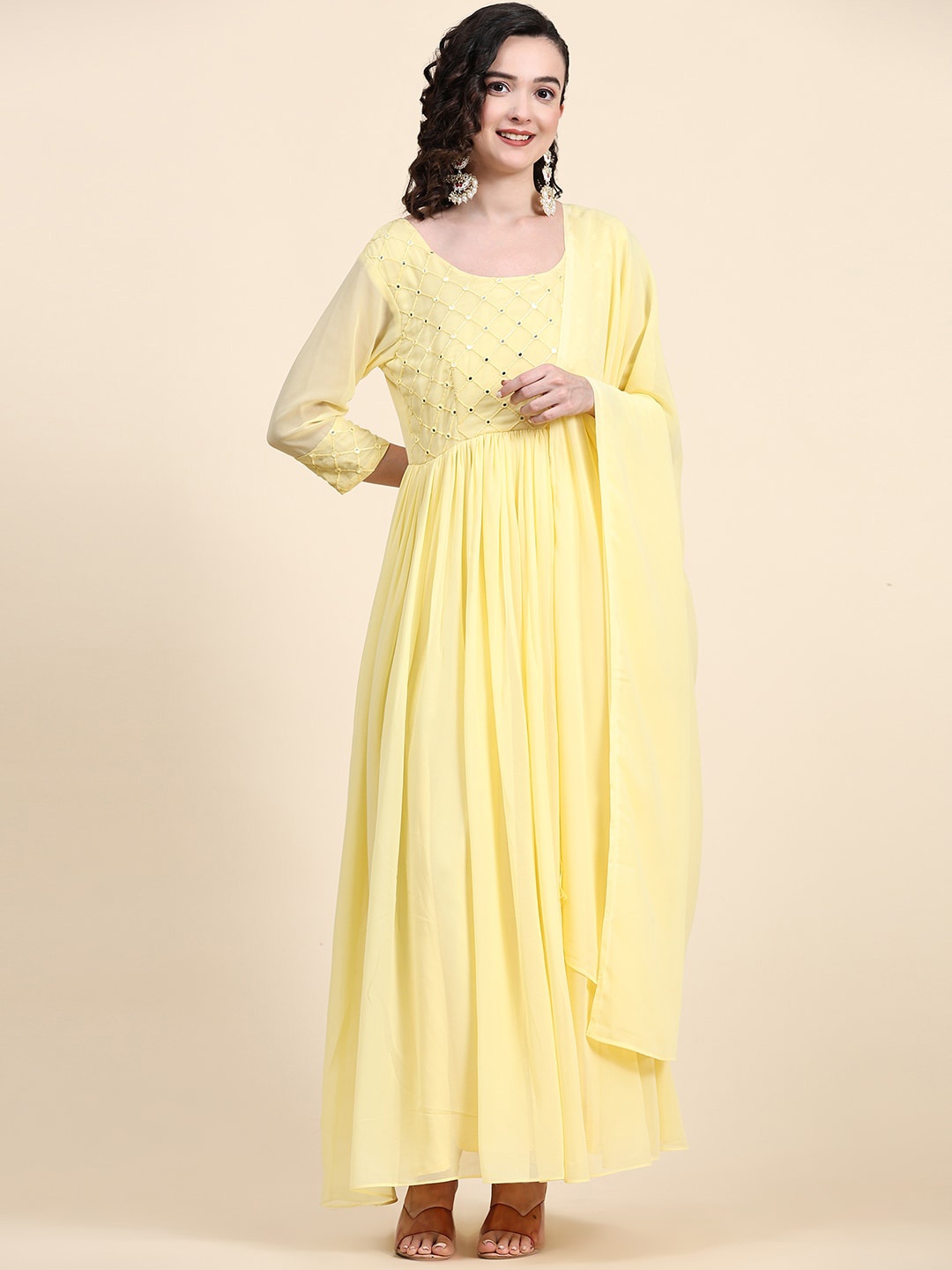 

BLACK SCISSOR Embellished Georgette Maxi Ethnic Dress With Dupatta, Yellow