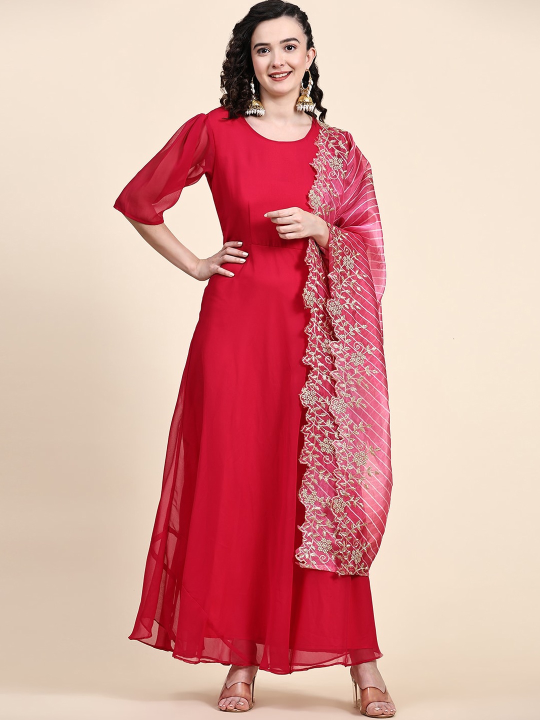 

BLACK SCISSOR Georgette Maxi Ethnic Dress With Dupatta, Red