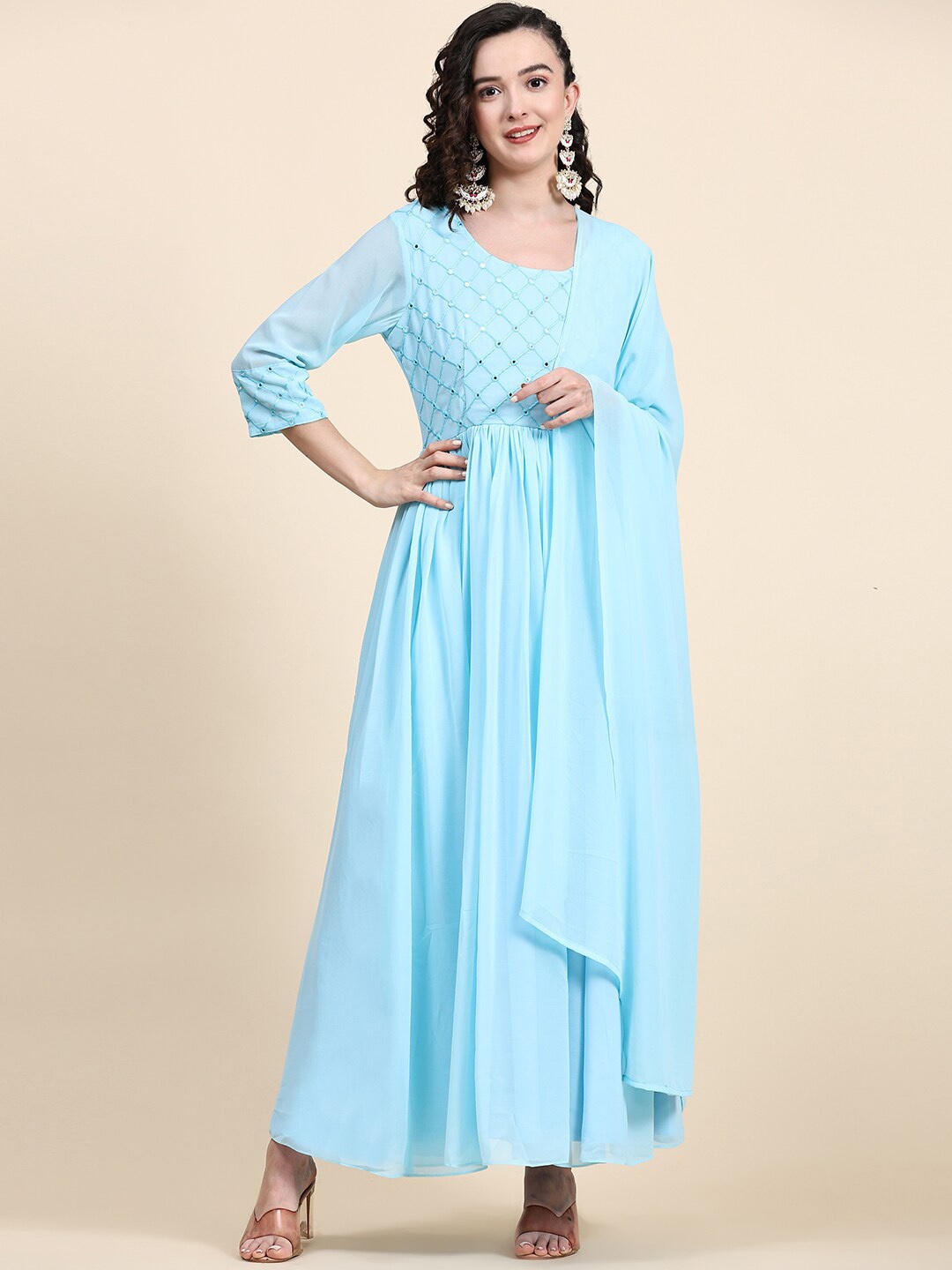 

BLACK SCISSOR Embellished Georgette Maxi Ethnic Dress With Dupatta, Blue