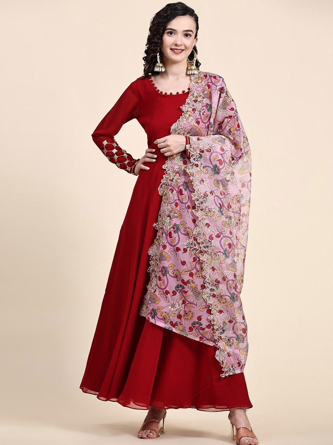

BLACK SCISSOR Georgette Maxi Ethnic Dress With Floral Dupatta, Maroon