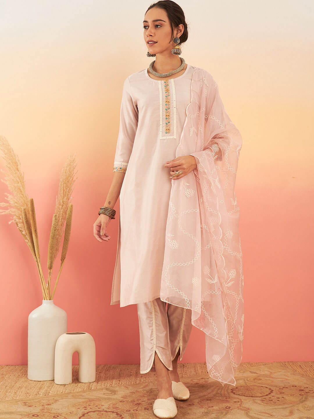 

Sangria Floral Yoke Designed Straight Kurta With Trouser & Dupatta, Beige