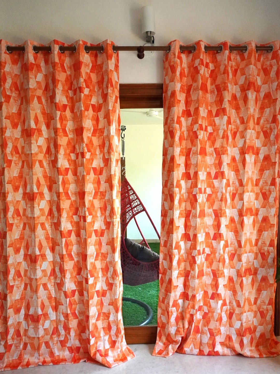 

TARA- Sparkling Homes Orange & White Geometric Long Door Curtain