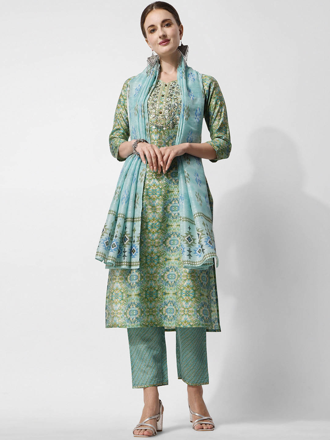 

KALINI Floral Printed Thread Work Chanderi Cotton Kurta With Trousers & Dupatta, Green