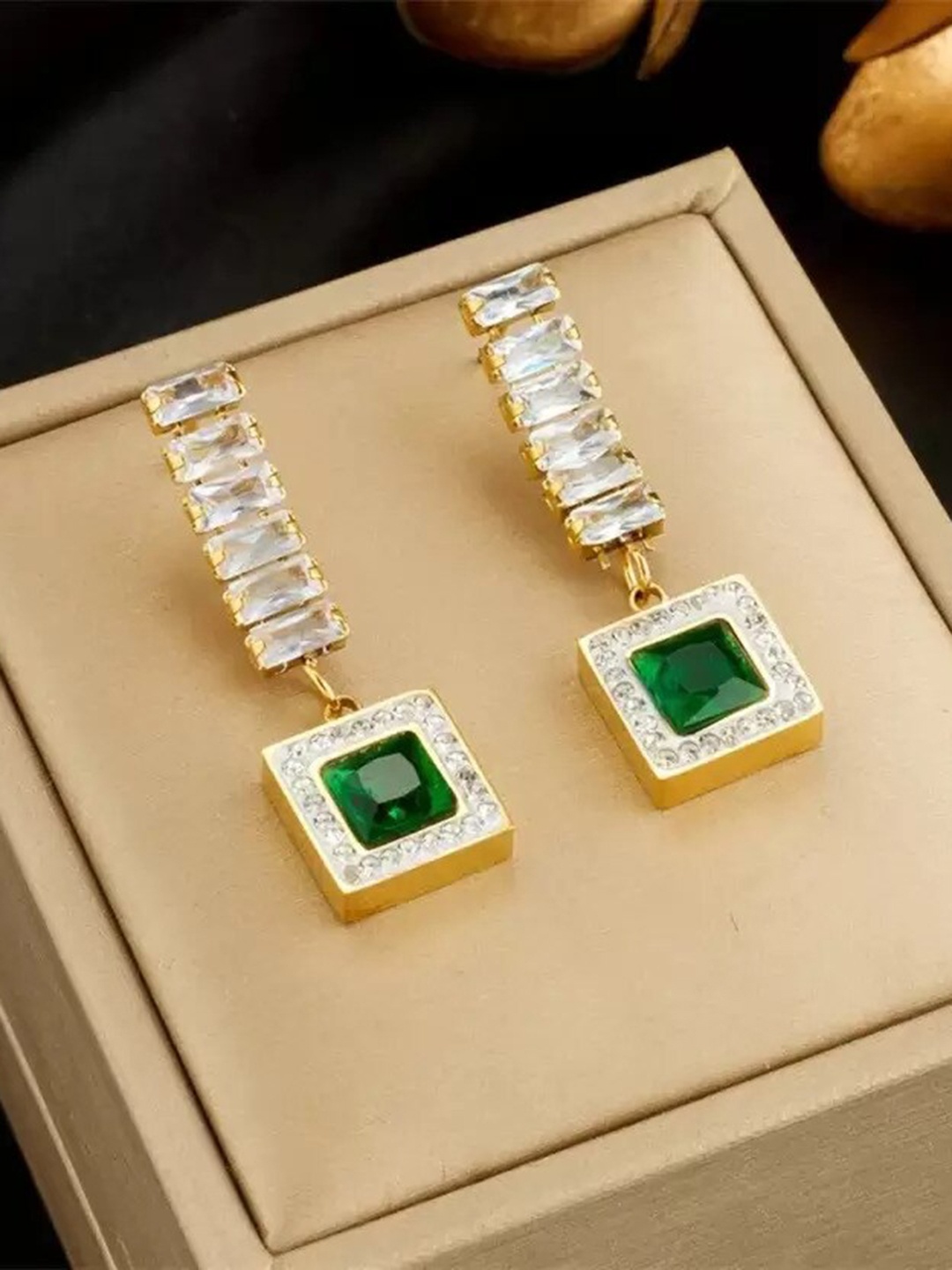 

KRYSTALZ Gold-Plated Geometric Stone Studded Drop Earrings