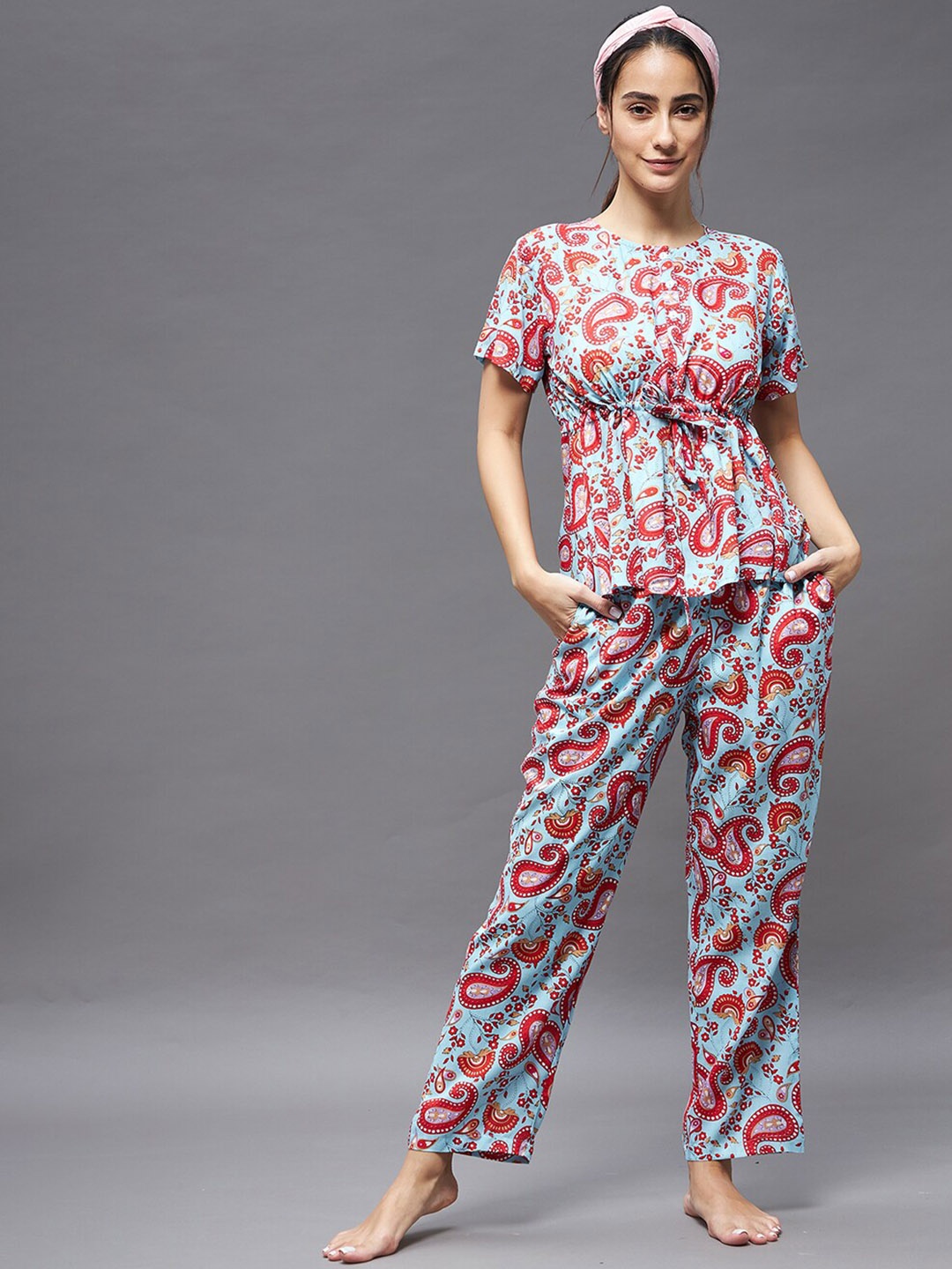 

BAESD Ethnic Motifs Printed Top With Pyjamas, Blue