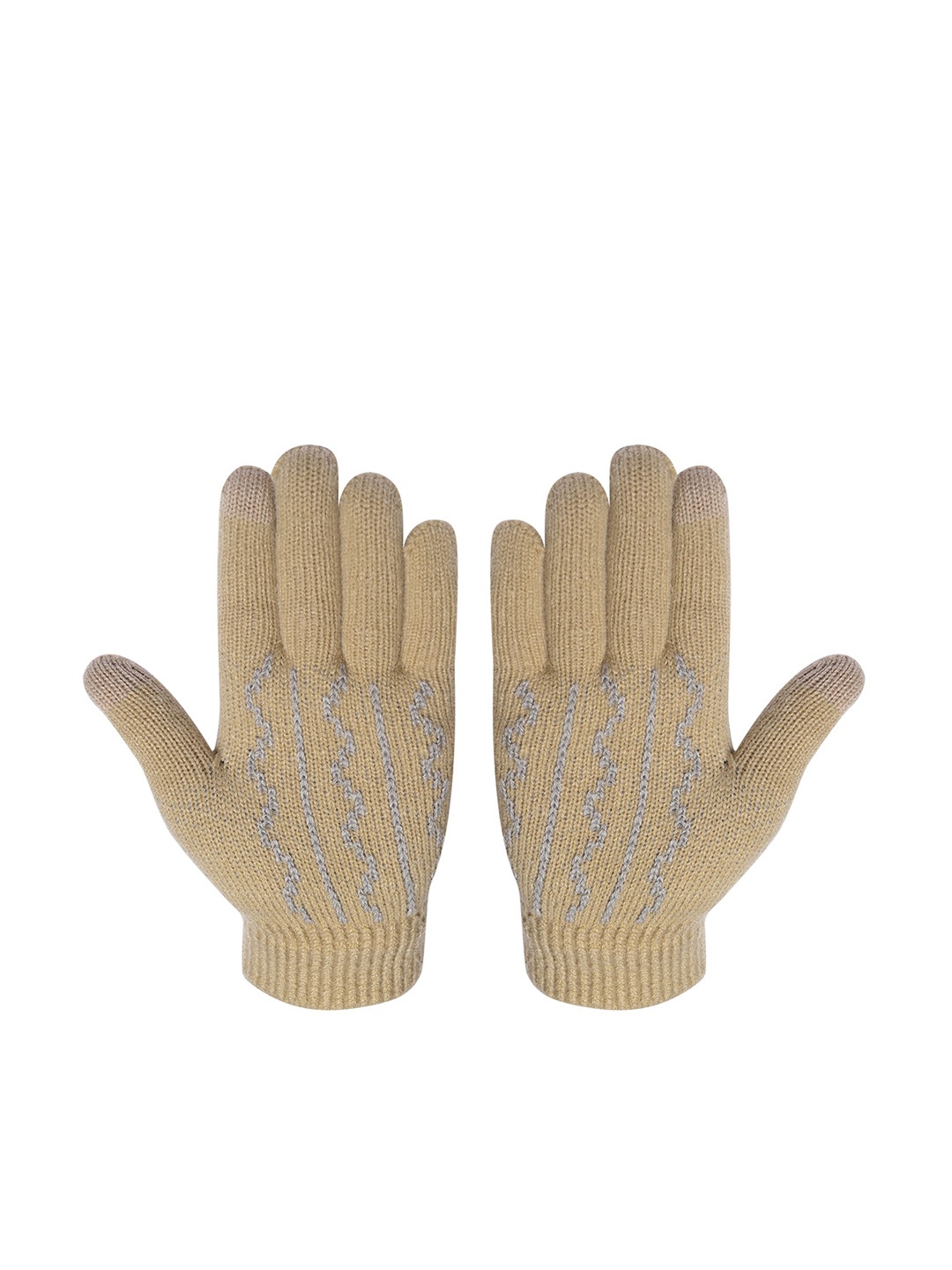 

LOOM LEGACY Women Winter Acrylic Woolen Striped Hand Gloves, Beige