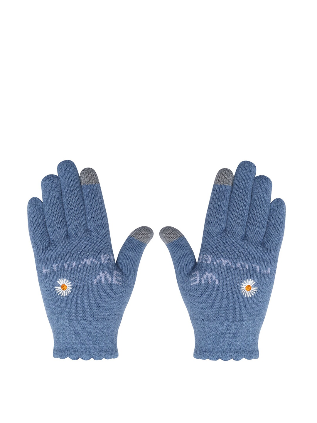 

LOOM LEGACY Women Winter Acrylic Woolen Floral Print Hand Gloves, Blue